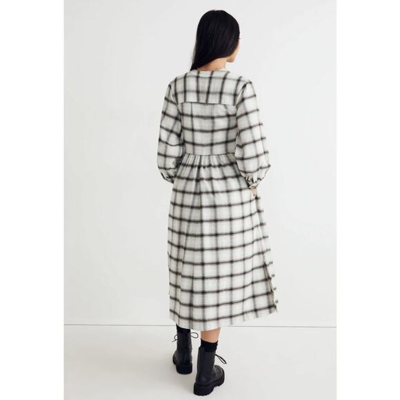 Madewell Flannel Button-Front Midi Dress Blue/Cream Women Sz 00 - Picture 3 of 9